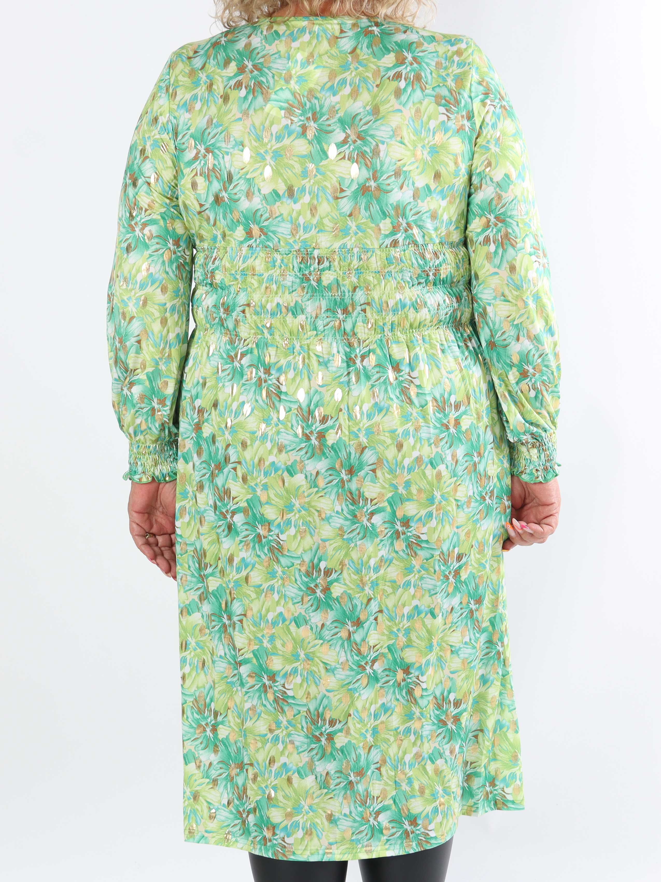 Pams Floral Midi L/S - Elastisk plus size kjole i krølfrit stof